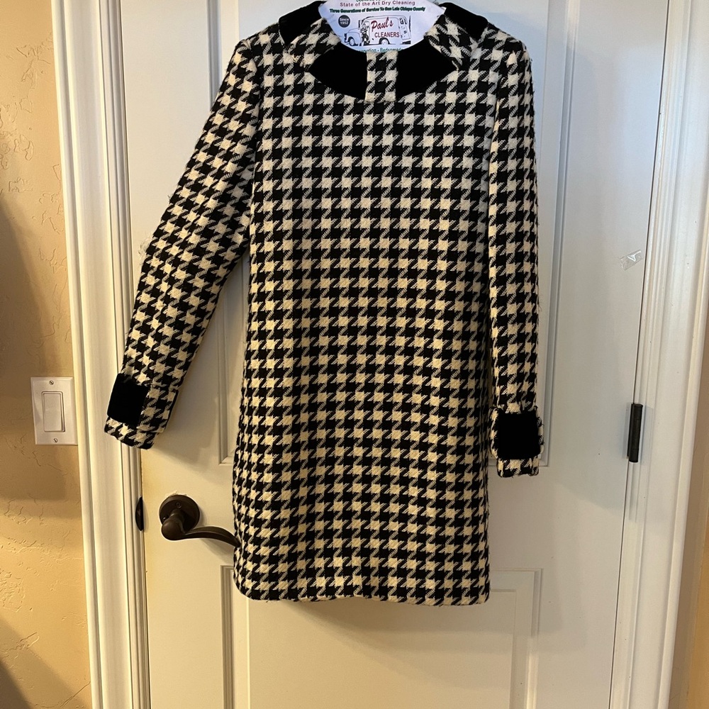Vintage Carolina Herrera Black and White Houndstooth Dress w/ Black Velvet Trim